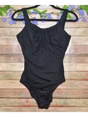 Lands End Womens Black One Piece Swimsuit Size 8D Ruched Front With Back Cutout